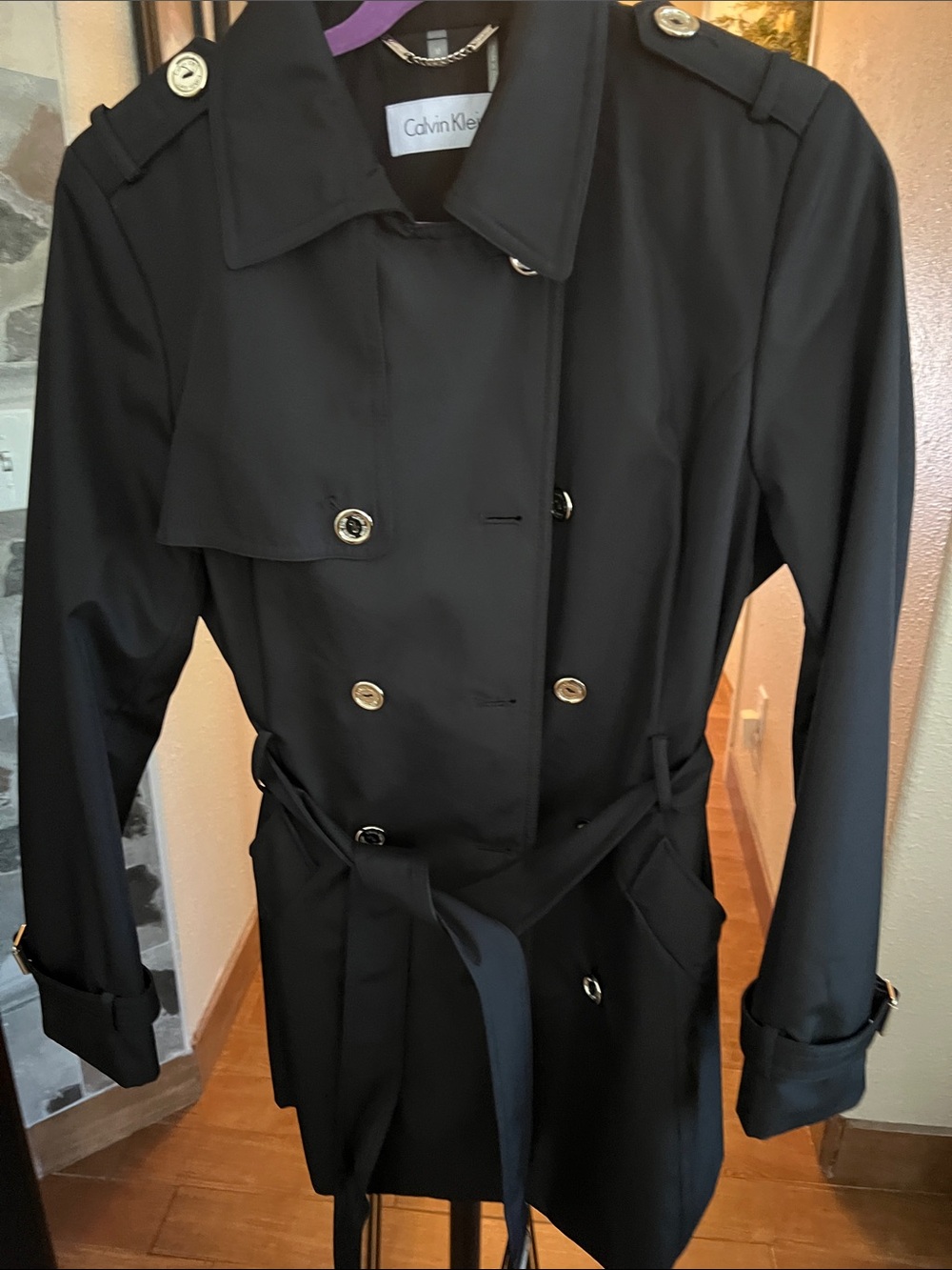 Calvin Klein Double-Breasted Black Trench Coat with Belt